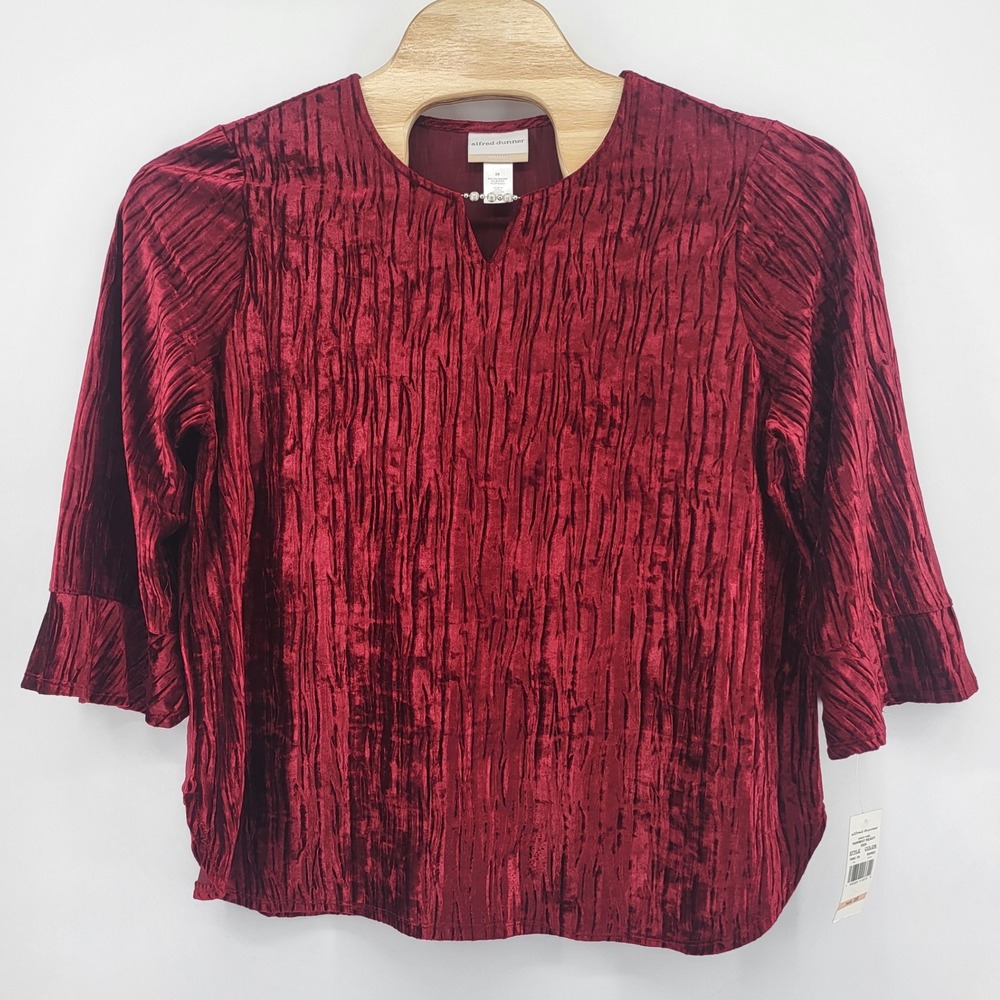 Alfred Dunner Women's Burgundy Velvet Crushed Top 2X 3/4 Sleeve V Neck Keyhole